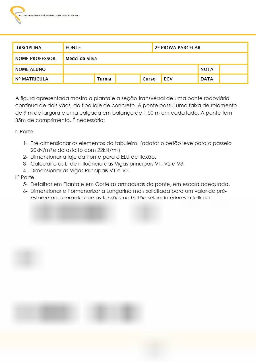 Primeira página: 2.ª Prova Parcelar de Ponte: tabuleiro, laje e pré-esforço · ISPTEC · 2026