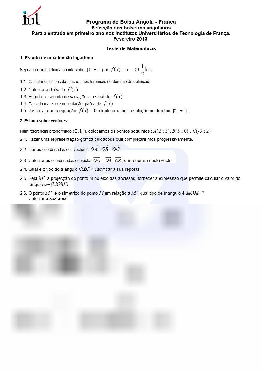 Primeira página: Testes de Matemática para Acesso à Bolsa de Estudos para França - 2019