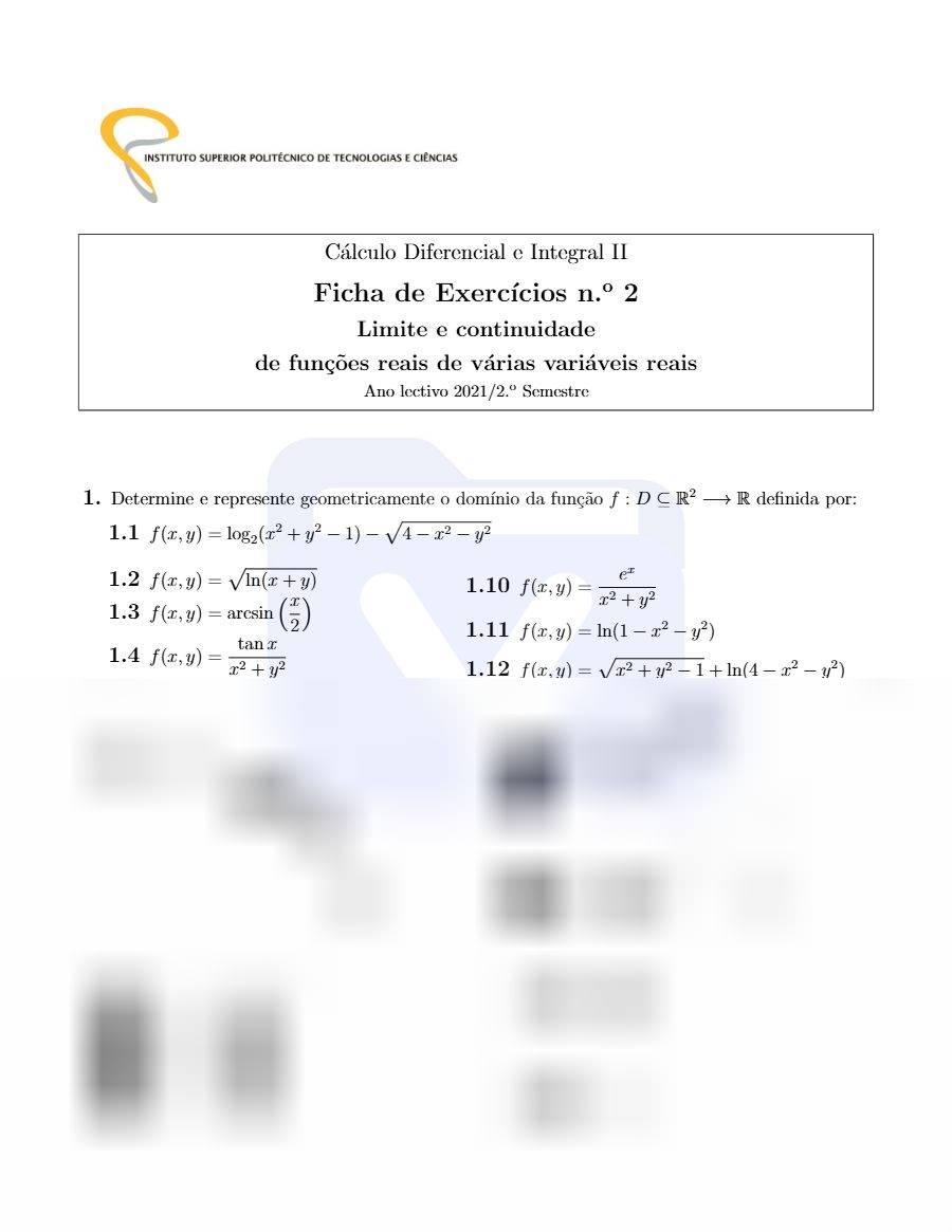 Primeira página: Ficha de Exercícios nº 2 - Limite e continuidade de funções de funções reais de várias variaveis