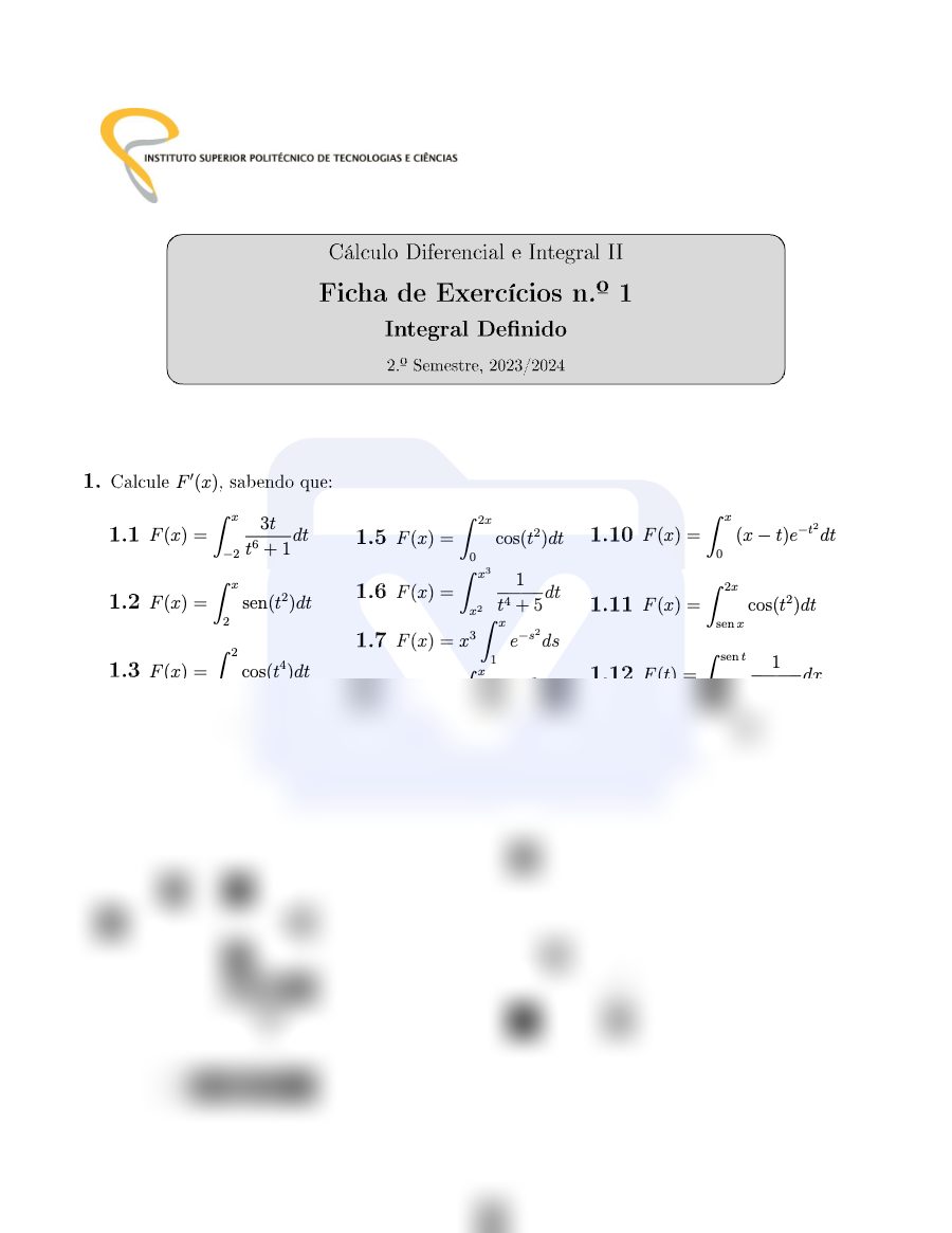 Primeira página: Lista de Exercícios de Cálculo Diferencial e integral I - Integração definida