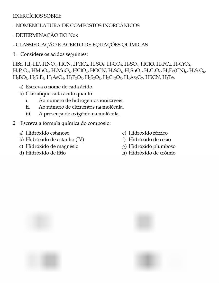 Primeira página: Lista de Exercícios de Química Geral: nomenclatura, Nox e acerto de equações (Capítulo III, 1.ª parte) · ISPTEC