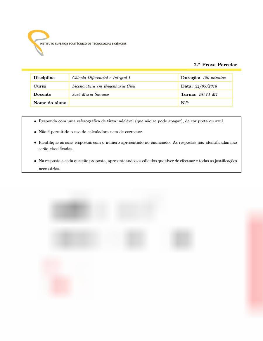 Primeira página: 2.ª Prova Parcelar de Cálculo Diferencial e Integral I, turma ECV1 M1 · ISPTEC · 2018
