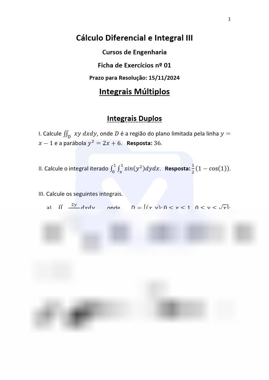 Primeira página: Ficha de exercícios de Cálculo Diferencial e Integral III – ISPTEC 2026 · Engenharia Mecânica · Prof. Joaquim Bumba