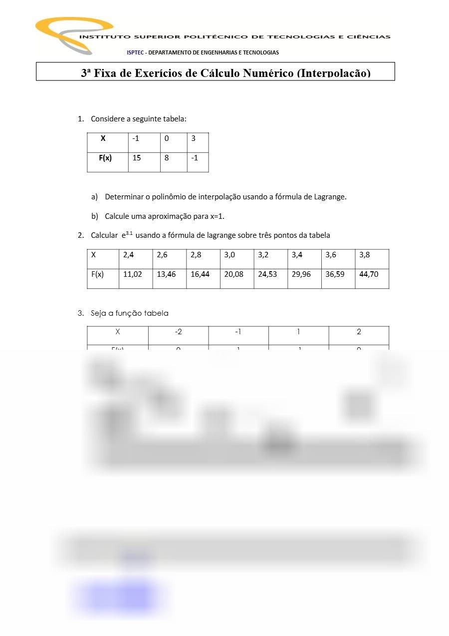 Primeira página: Ficha de Exercícios n.º 3 de Cálculo Numérico: interpolação · ISPTEC