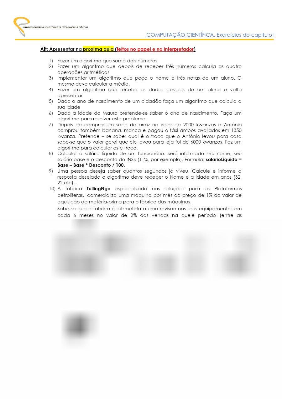 Primeira página: Lista de Exercícios do Capítulo I de Computação Científica · ISPTEC · 2000