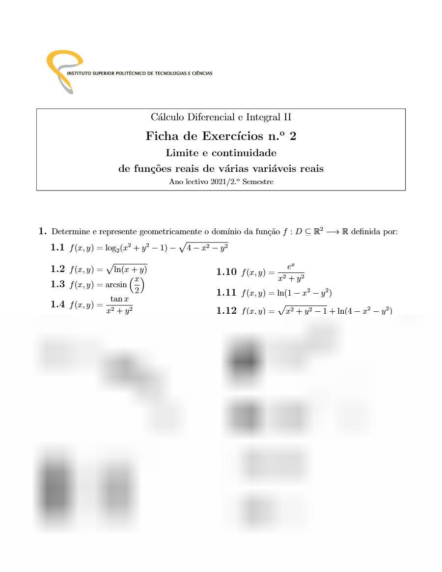 Primeira página: Lista de Exercícios de Cálculo Diferencial e Integral II - Limite e Continuidade de Funções de Várias Variáveis