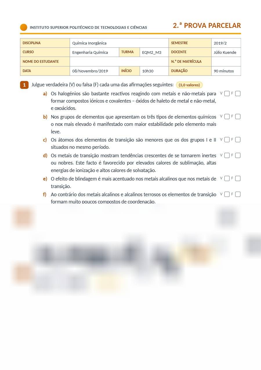 Primeira página: 2.ª Prova Parcelar de Química Inorgânica, turma EQM2-M3 (com prova de Física) · ISPTEC · 2019