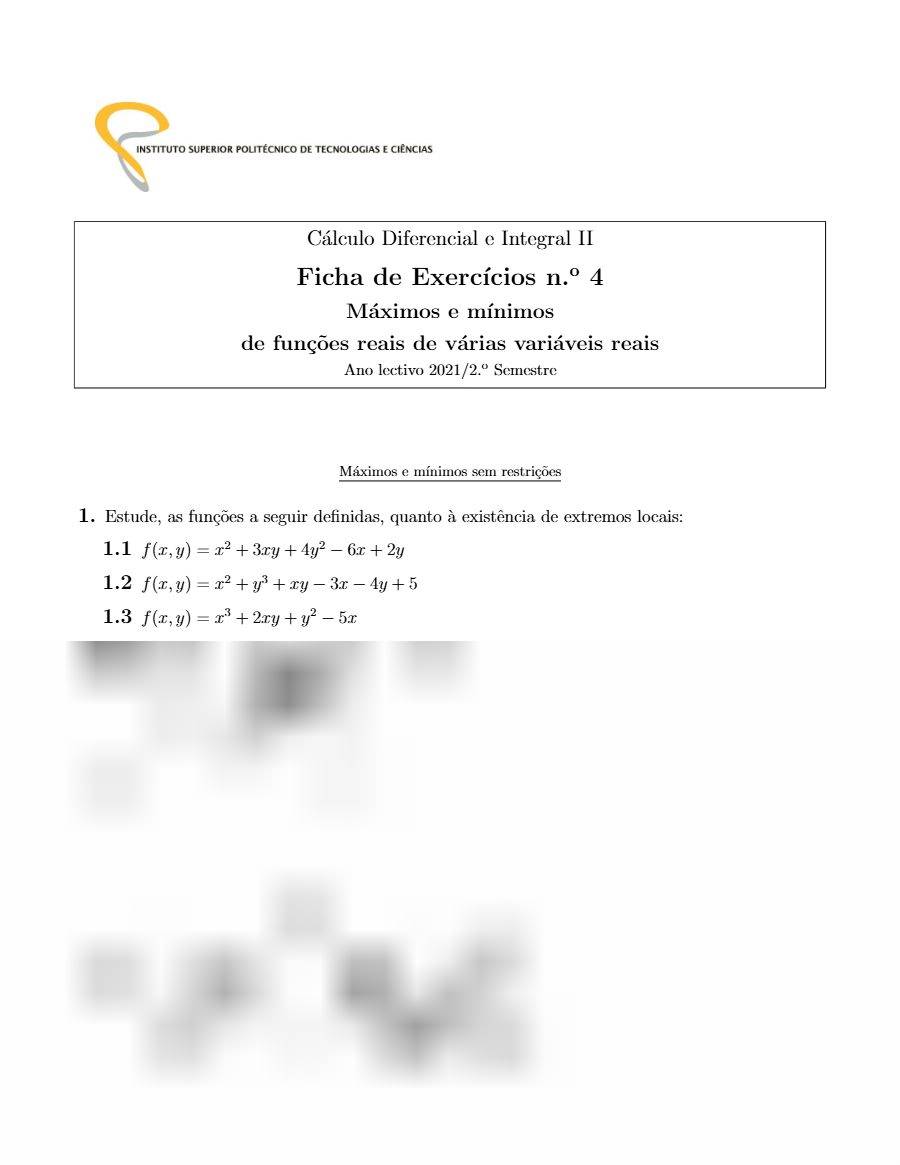 Primeira página: Ficha de Exercícios n.º 4 de Cálculo Diferencial e Integral II: máximos e mínimos · ISPTEC · 2021