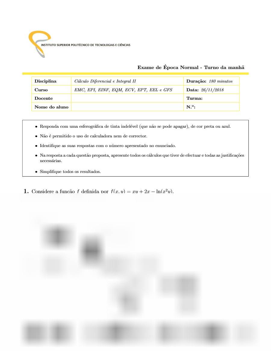 Primeira página: Exame Normal de Cálculo Diferencial e Integral II, turno da manhã · ISPTEC · 2018