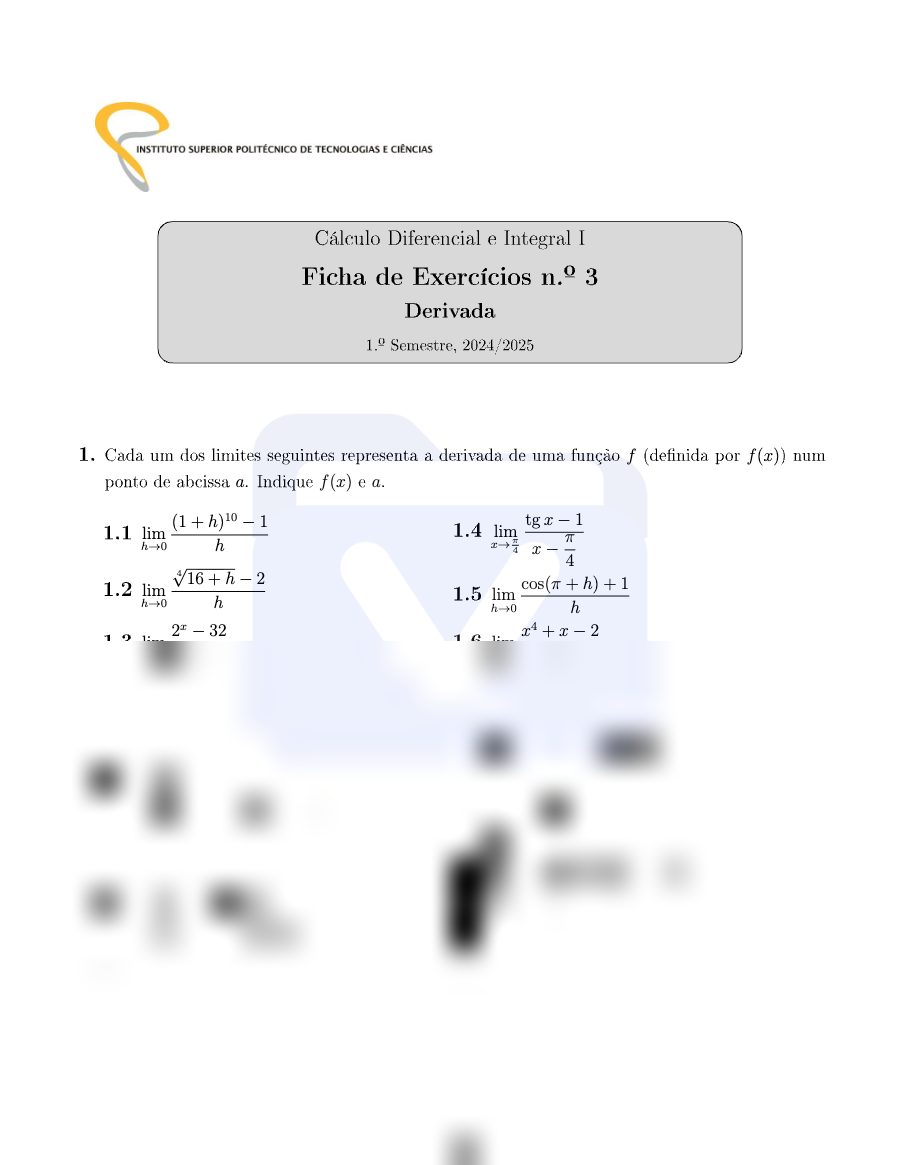 Primeira página: Lista de Exercícios de Cálculo Diferencial e integral I - Derivadas