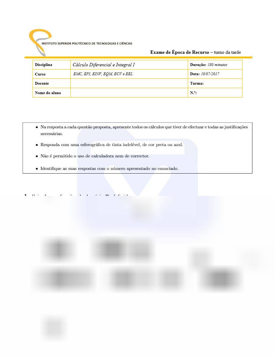 Primeira página: Exame de Recurso de Cálculo Diferencial e Integral I · Engenharias · ISPTEC · 2017