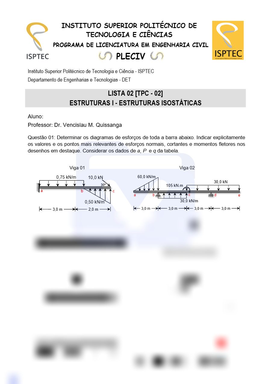 Primeira página: Lista n°2- Estruturas Isostáticas