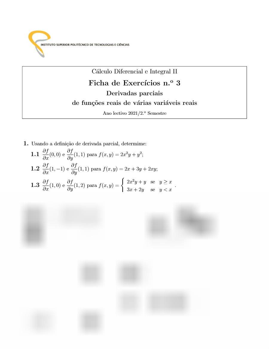 Primeira página: Ficha de Exercícios n.º 3 de Cálculo Diferencial e Integral II: Derivadas Parciais · ISPTEC · 2021