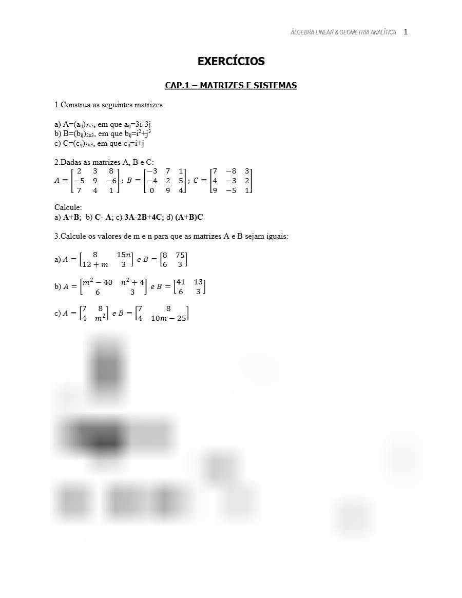 Primeira página: Lista de Exercícios de Álgebra Linear e Geometria Analítica: Capítulo 1, matrizes e sistemas · ISPTEC