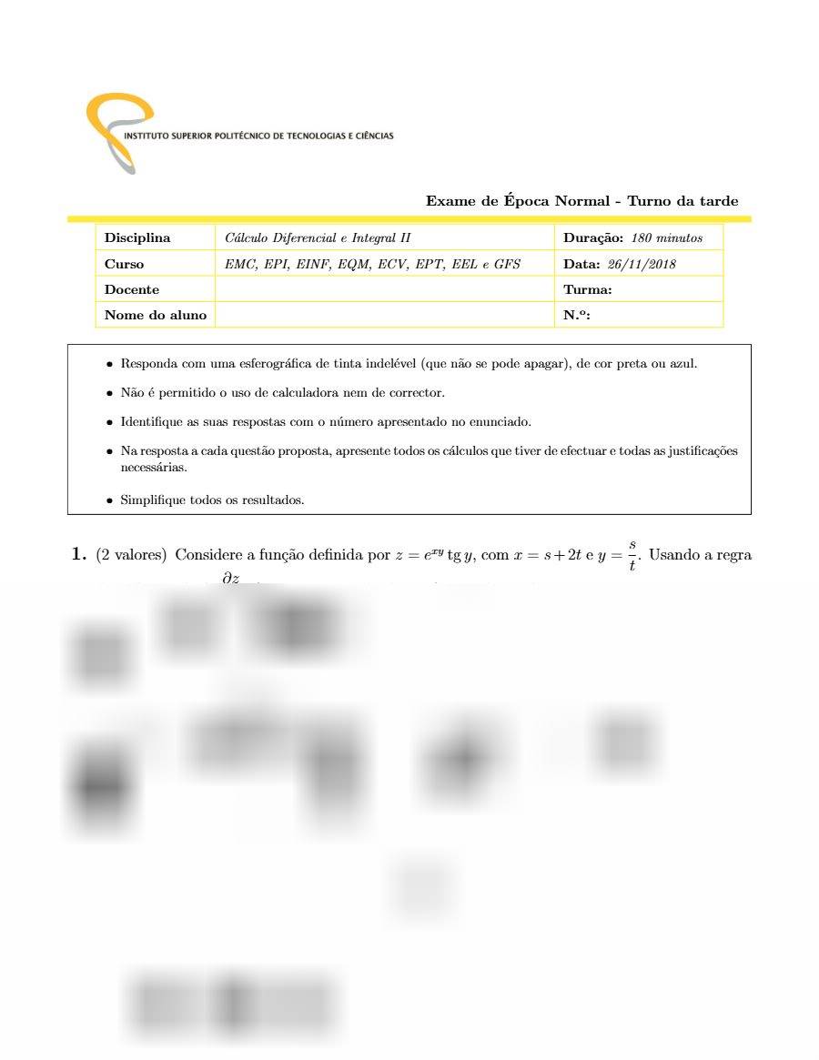 Primeira página: Exame Normal de Cálculo Diferencial e Integral II, turno da tarde · ISPTEC · 2018