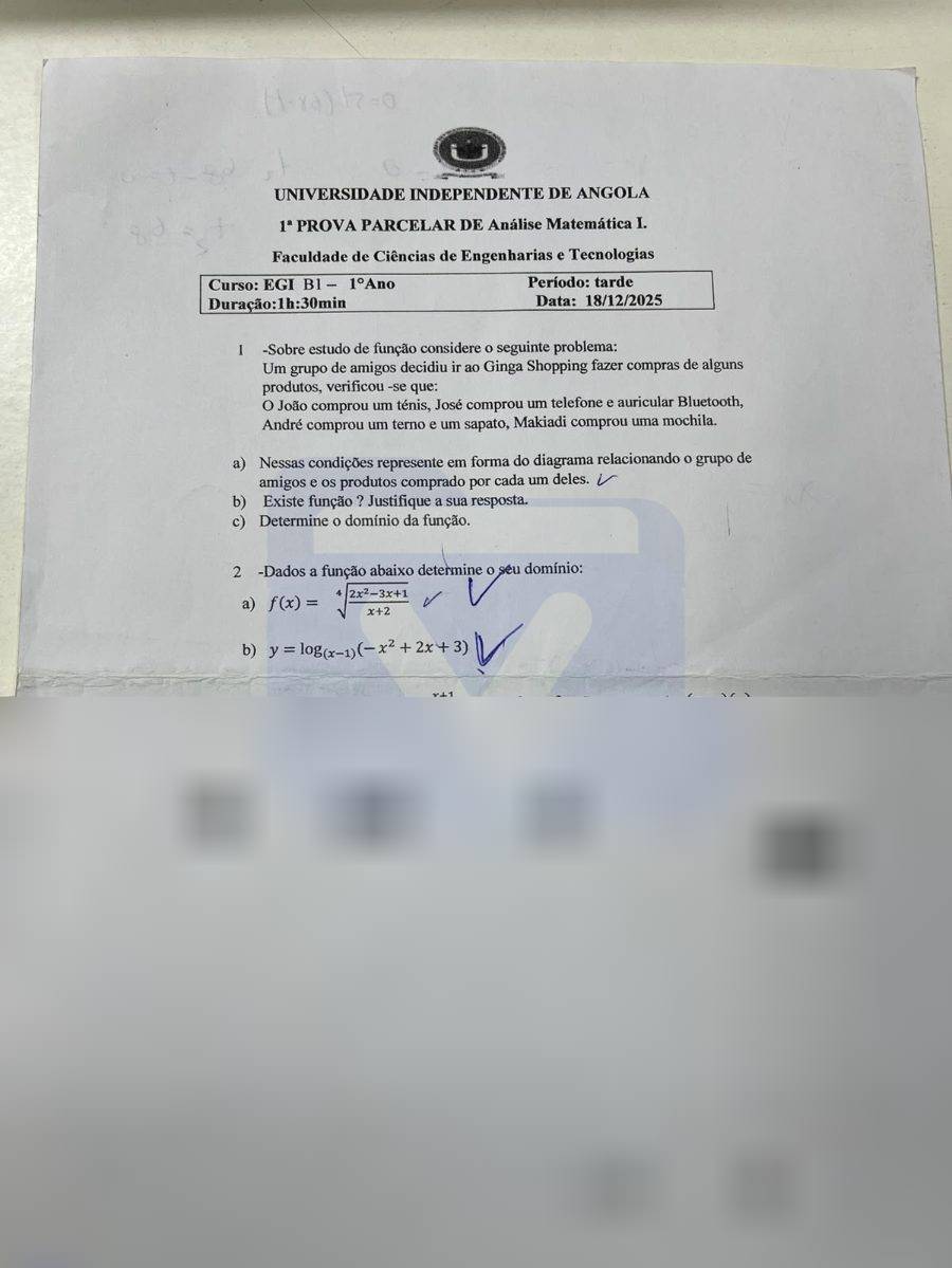 Primeira página: 1.ª Provas Parcelares de Análise Matemática I, Álgebra Linear e Física – UNIA 2026 · Engenharia Civil e mais 5 cursos