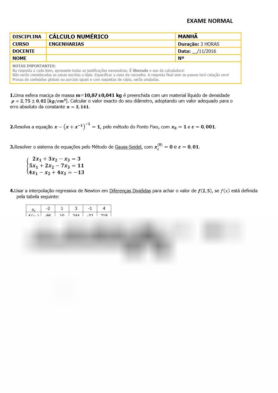 Primeira página: Exame Normal de Cálculo Numérico (proposta), turno da manhã · ISPTEC · 2016