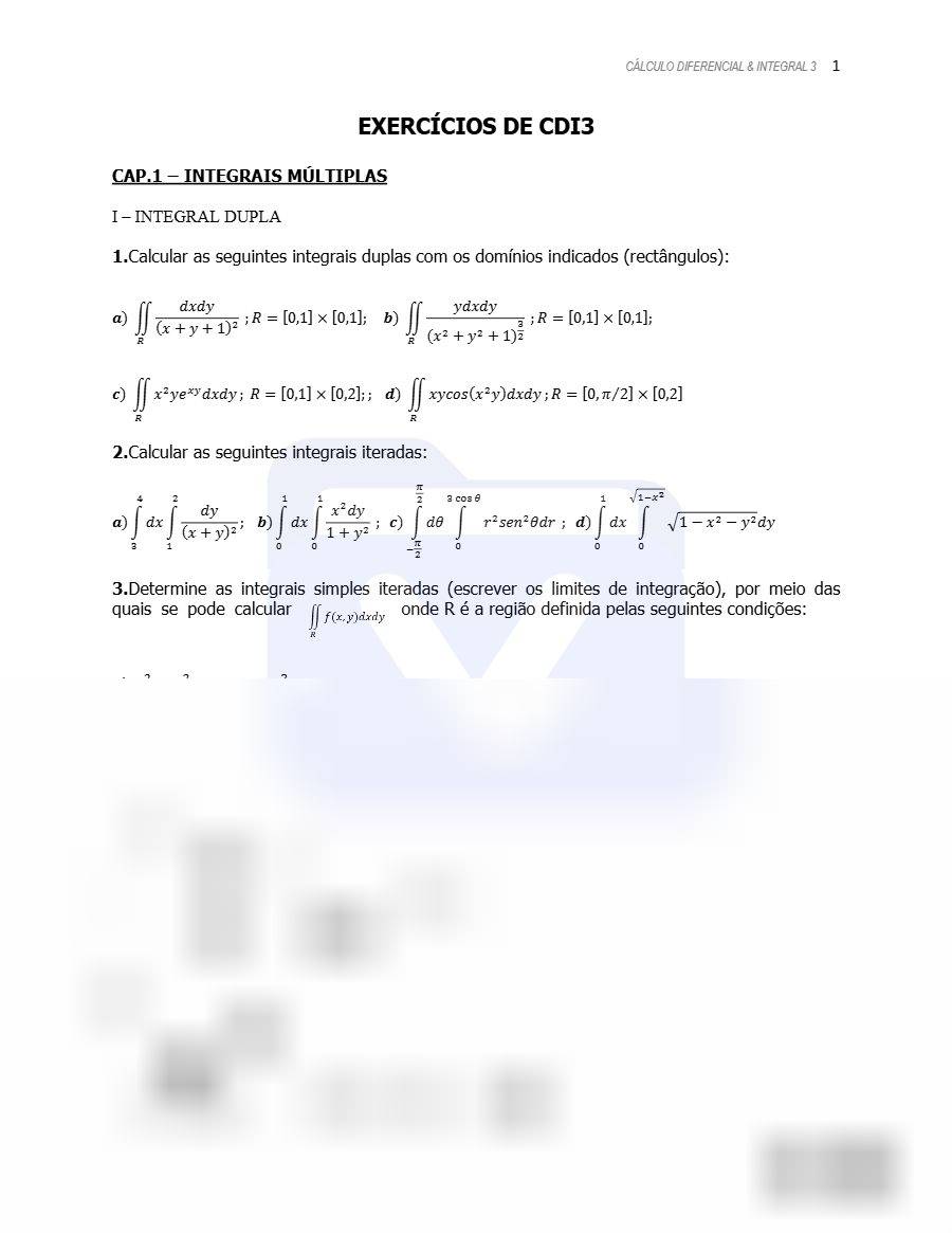 Primeira página: Ficha de Exercícios - CAP.1 – INTEGRAIS MÚLTIPLAS