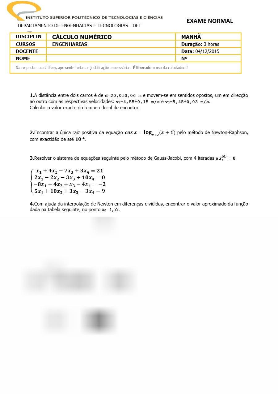 Primeira página: Exame Normal de Cálculo Numérico, turno da manhã · ISPTEC · 2015