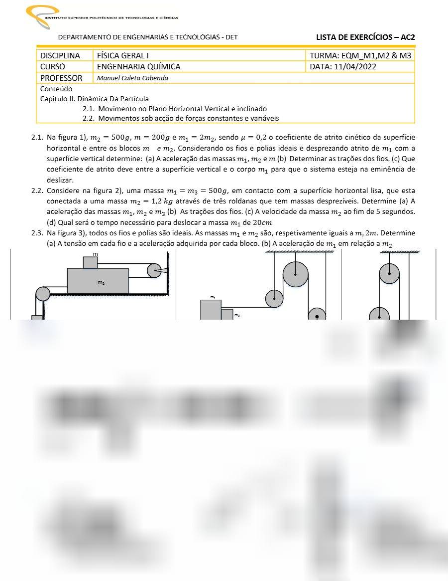 Primeira página: Lista de Exercícios da AC2 de Física Geral I: dinâmica da partícula · ISPTEC · 2022